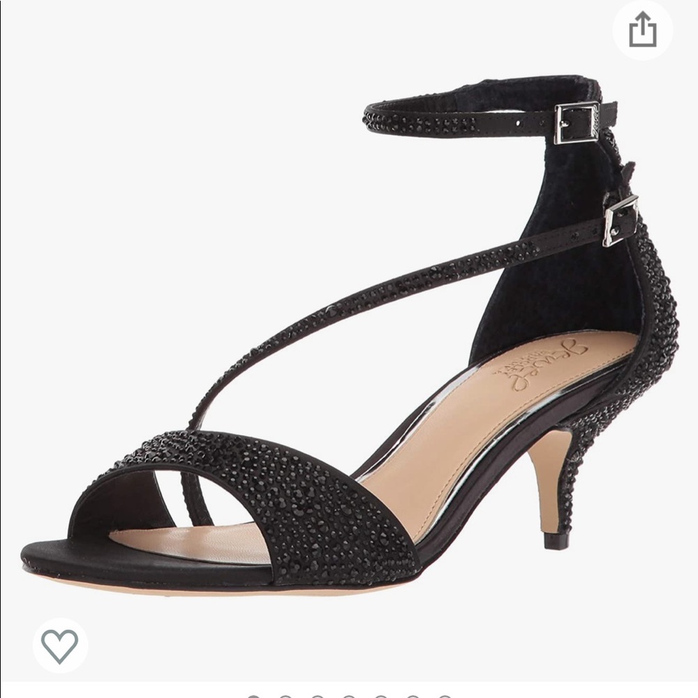 Jewel Badgley Mischka Black Open Toe Kitten Heel Strappy Evening Sandal.